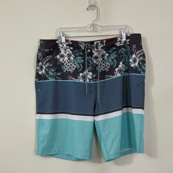 Goodfellow & Co Men’s Blue White Floral Striped Drawstring Bathing Suit - Picture 1 of 5